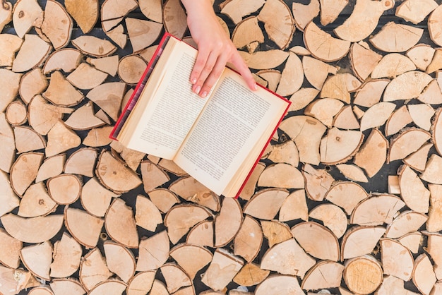 Woman's hand holding book against firewood stack wall