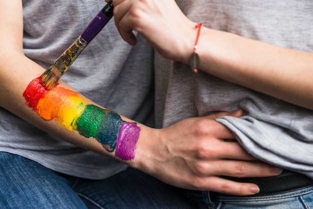 Woman's hand painting the rainbow flag over the girlfriend's hand with paintbrush