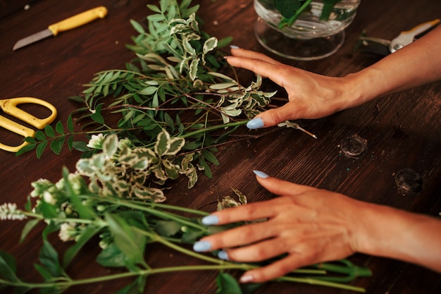 Free photo woman's hand sorting plants on wooden desk