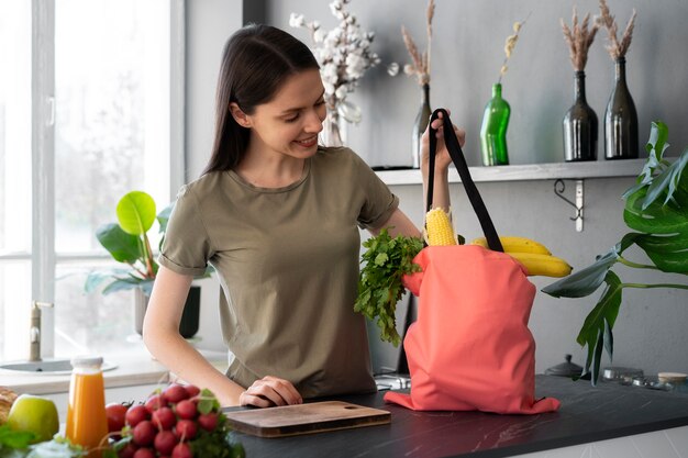 Woman shopping with fabric tote bag