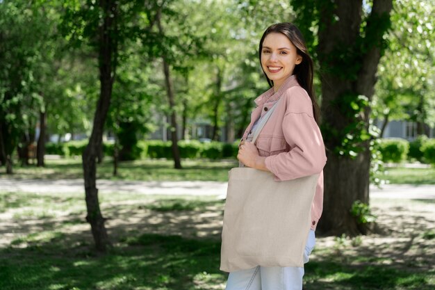 Woman shopping with fabric tote bag