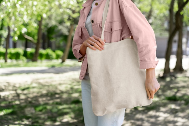 Woman shopping with fabric tote bag