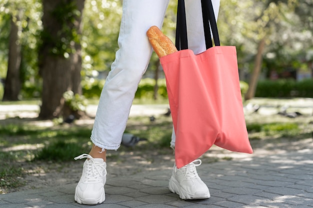 Woman shopping with fabric tote bag