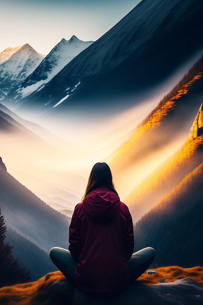 A woman sits in front of a mountain landscape with the sun shining on her back.