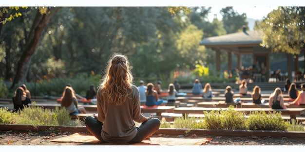 Free Photo a woman sits in lotus position before a group of people