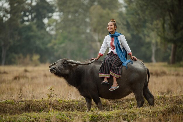 woman sitting on the back of a buffalo in the meadow.