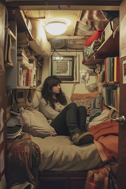 Free Photo woman sitting on her tiny bedroom