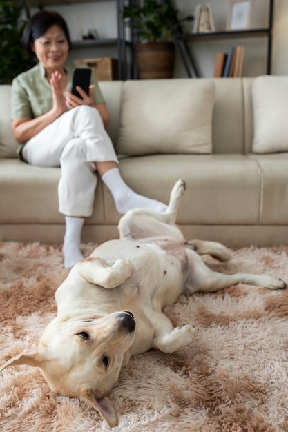 Woman sitting at home on sofa using smartphone next to her dog