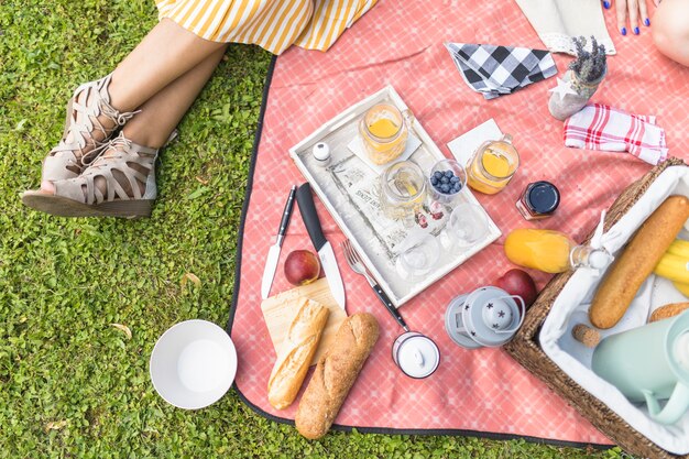 Woman sitting near the snack on blanket at picnic