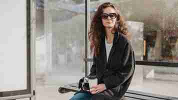 Free photo woman sitting and waiting in the bus station