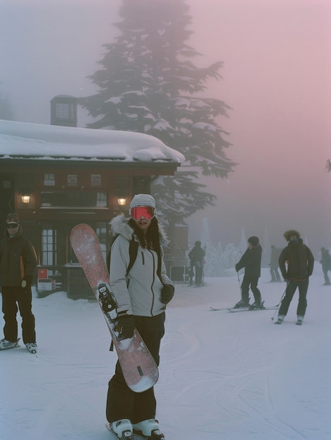 Free photo woman snowboarding in wintertime with dreamy landscape and pastel shades