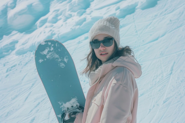 Woman snowboarding in wintertime with dreamy landscape and pastel shades