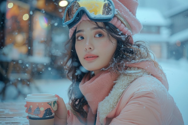 Woman snowboarding in wintertime with dreamy landscape and pastel shades