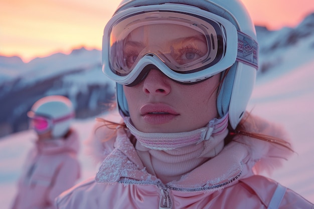 Free Photo woman snowboarding in wintertime with dreamy landscape and pastel shades