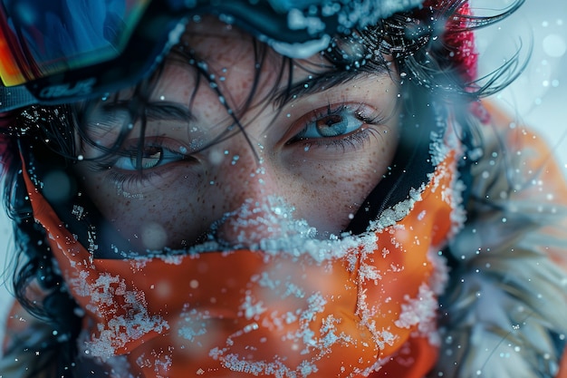 Free Photo woman snowboarding in wintertime with dreamy landscape and pastel shades