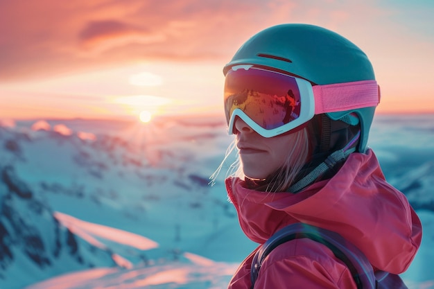 Free Photo woman snowboarding in wintertime with dreamy landscape and pastel shades