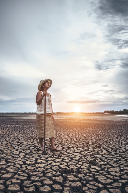 Free photo the woman stand his hand and caught a siem on dry soil and looked at the sky.