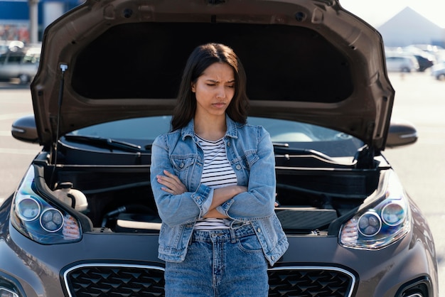 Woman standing next to her broken car