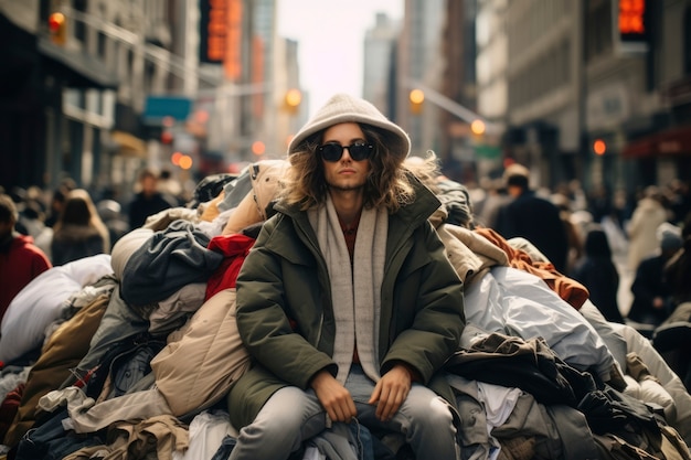 Free photo woman standing in middle of clothing pile