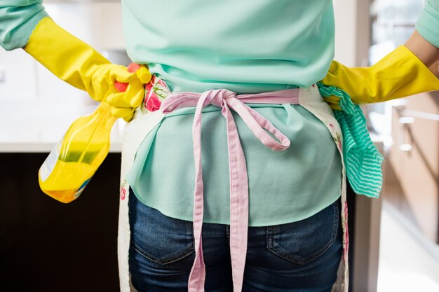 Woman standing with spray bottle and napkin in kitchen