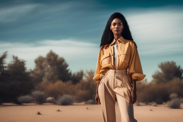 A woman stands in a desert with a blue sky behind her.