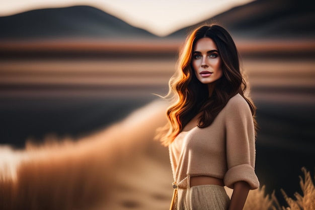 Free photo a woman stands in a desert with the sun shining on her face.