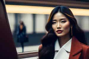 Free photo a woman stands in front of a window with a woman in a red coat and a white shirt.