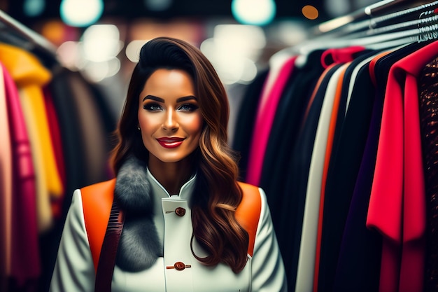 Free Photo a woman stands in a store with a fur collar.