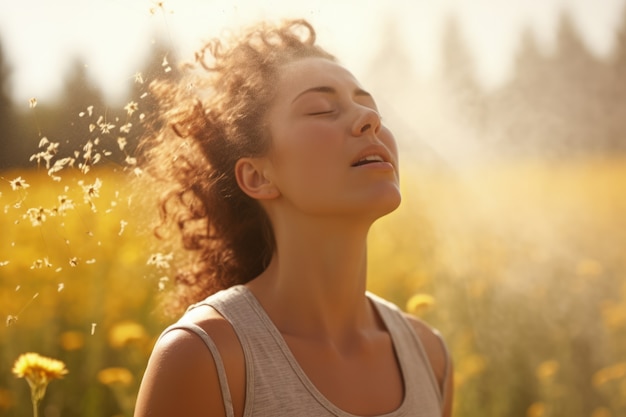 Woman suffering from allergy by being exposed to flower pollen outside