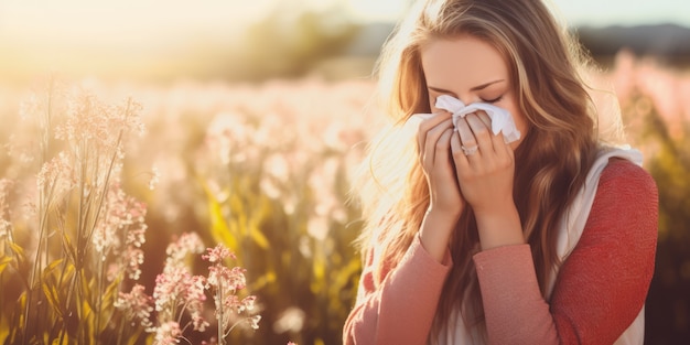 Woman suffering from allergy by being exposed to flower pollen outside