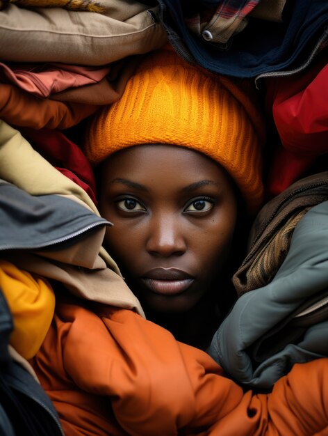 Woman surrounded by clothing pile