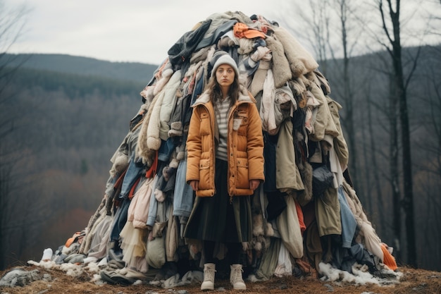 Free photo woman surrounded by clothing pile