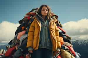 Free photo woman surrounded by clothing pile