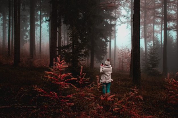 Free Photo woman taking picture of tree in forest