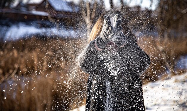 A woman throws snow on a walk in sunny weather in winter