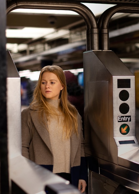 Free photo woman traveling on the city subway