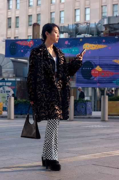 Woman traveling through city