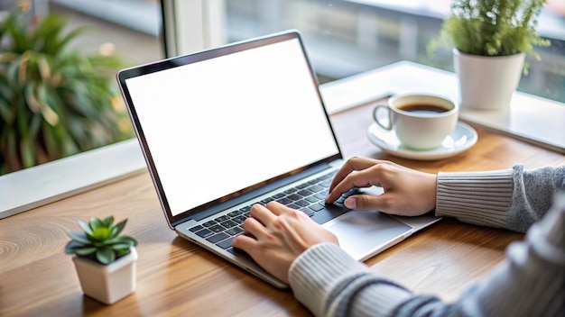 Free Photo woman typing on laptop with a cup of coffee and plants in the background