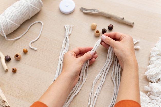 Woman using the macrame technique