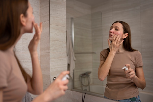 Woman using moisturizer to help with rosacea skin condition