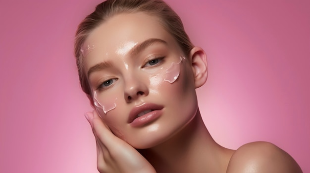 Free photo woman using pink beauty product on her face