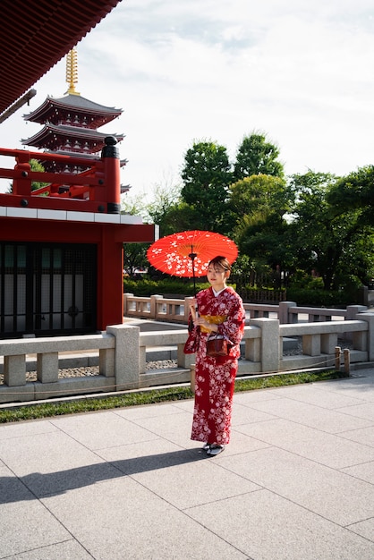 Woman using wagasa umbrella full shot