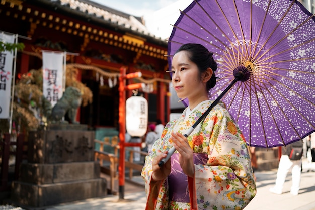 Woman using wagasa umbrella side view