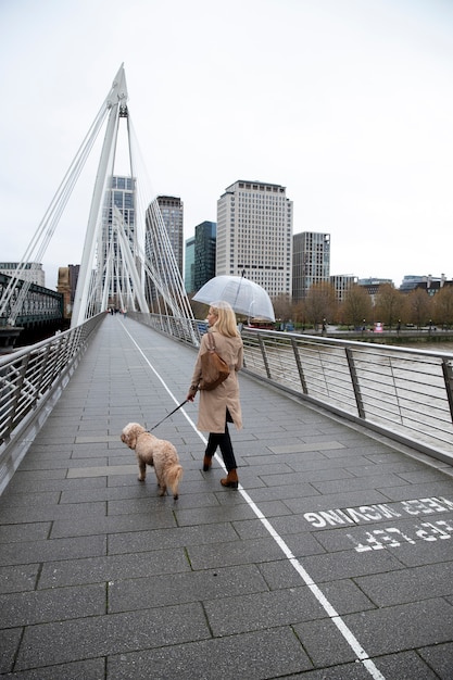 Free Photo woman walking her dog on a bridge while it rains