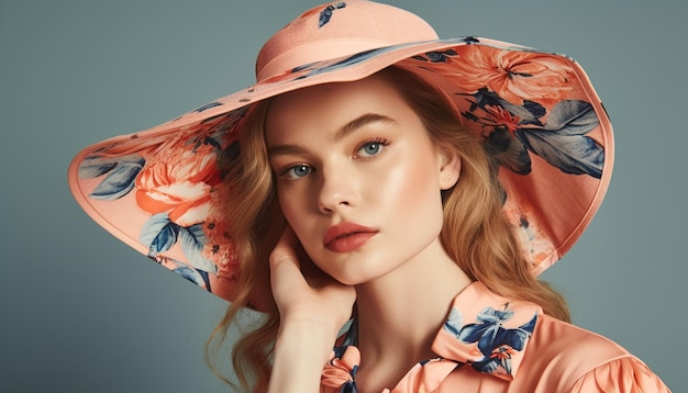 A woman wearing a large hat with a floral pattern on it