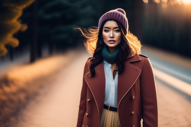 A woman wearing a red coat and a hat stands on a street.