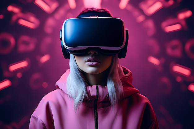 Free Photo woman wearing  vr glasses for gaming