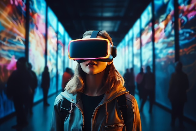 Free Photo woman wearing  vr glasses for gaming