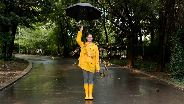 Woman wearing a yellow rain coat