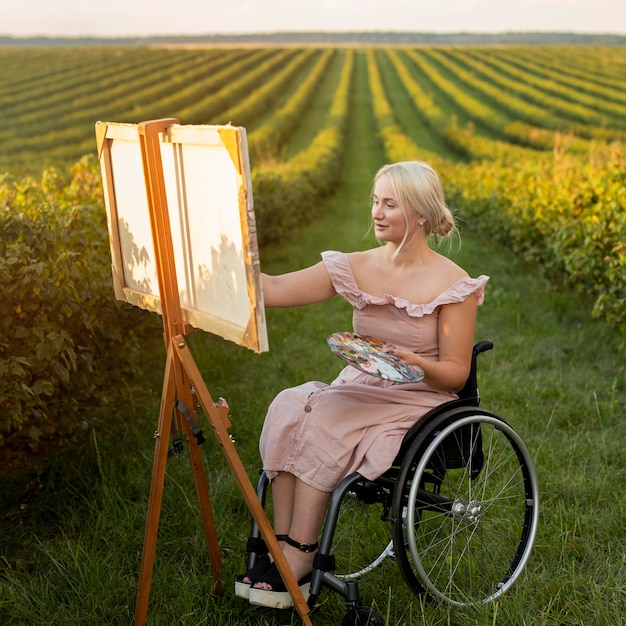 Woman in wheelchair painting outdoors